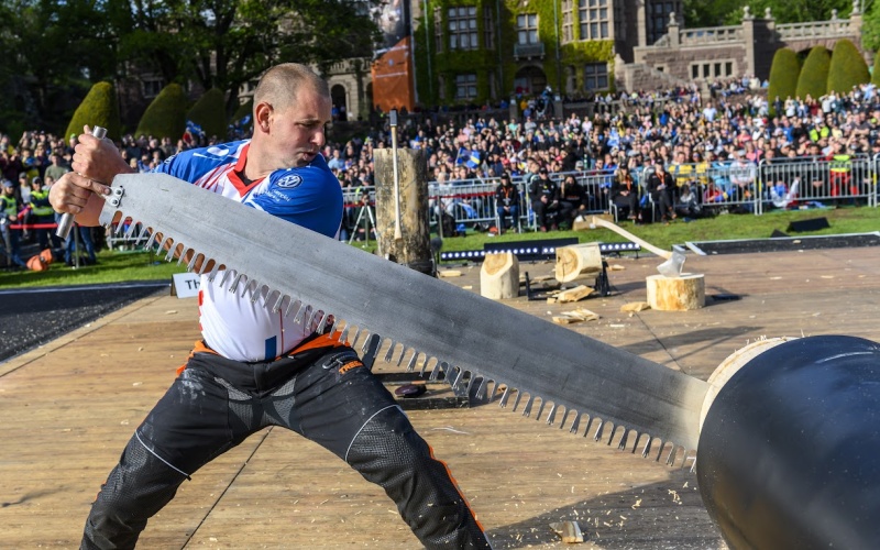 Martin Kalina of the Czech Republic competes at the STIHL TIMBERSPORTS® Champions Trophy at the Tjolöholm Castle in Kungsbacka, Sweden on May 25, 2019.