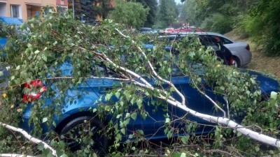 Při úterní bouřce spadl strom na zaparkované vozy, hasiči měli tři desítky výjezdů