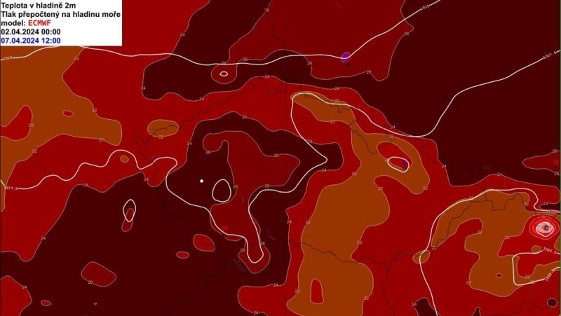 Maximální teploty v neděli odpoledne pohledem modelu ECMWF. Zdroj: ČHMÚ